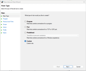 Windows Firewall - nové custom pravidlo
