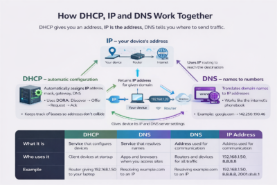 Čo je DHCP a ako funguje? Kompletný sprievodca (nielen) pre adminov Ako funguje DHCP,IP a DNS - infografika