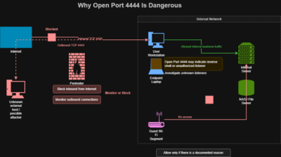 Tikajúca bomba v sieti: Prečo je otvorený Port 4444 extrémne nebezpečný Port 4444 - Metasploit - schéma útoku